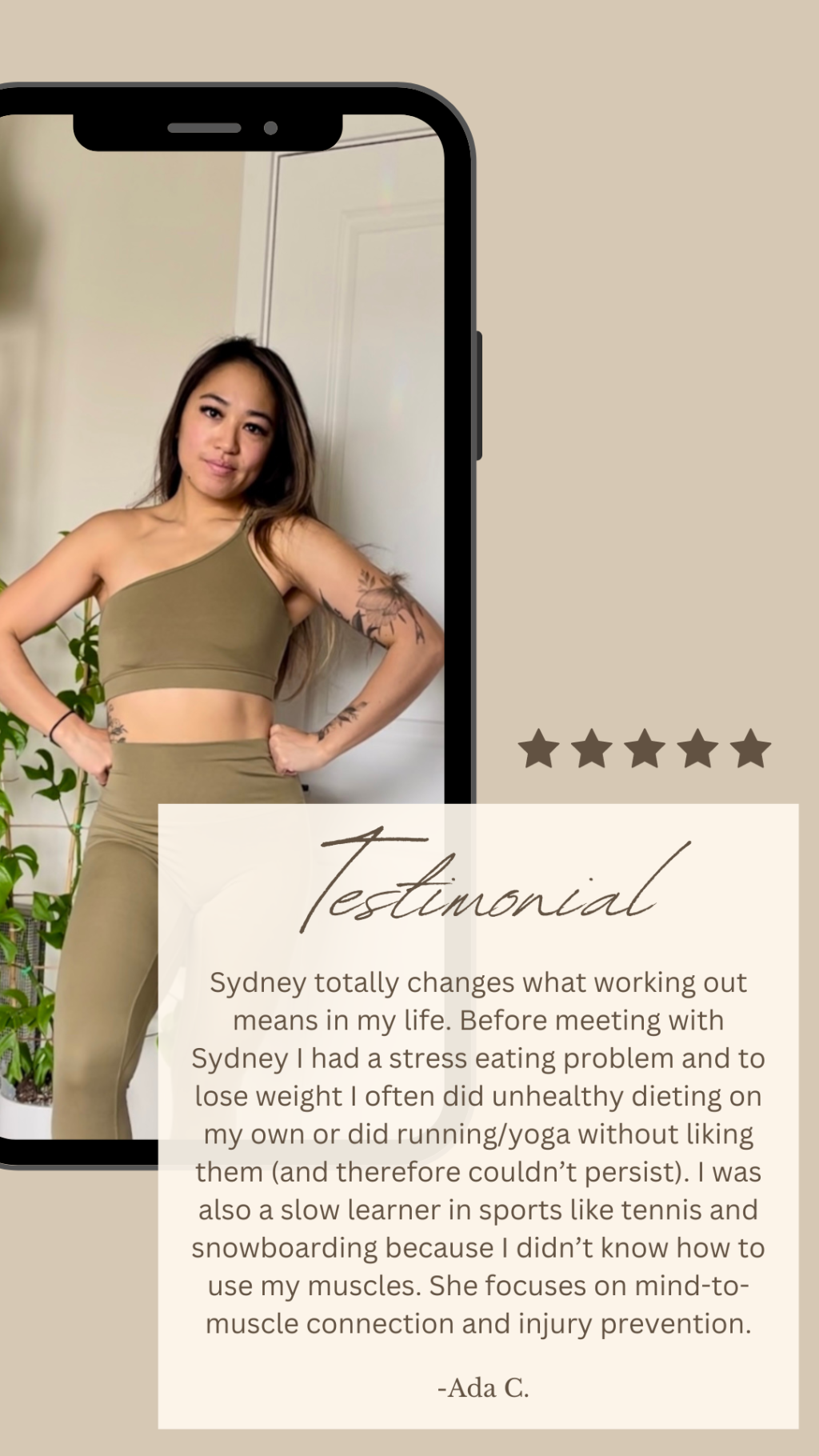 Sydney totally changes what workout means in my life. Before meeting with Sydney, I had stress eating problem, and to lose weight I often did unhealthy dieting on my own or did runningyoga without liking them (and th 2.PNG